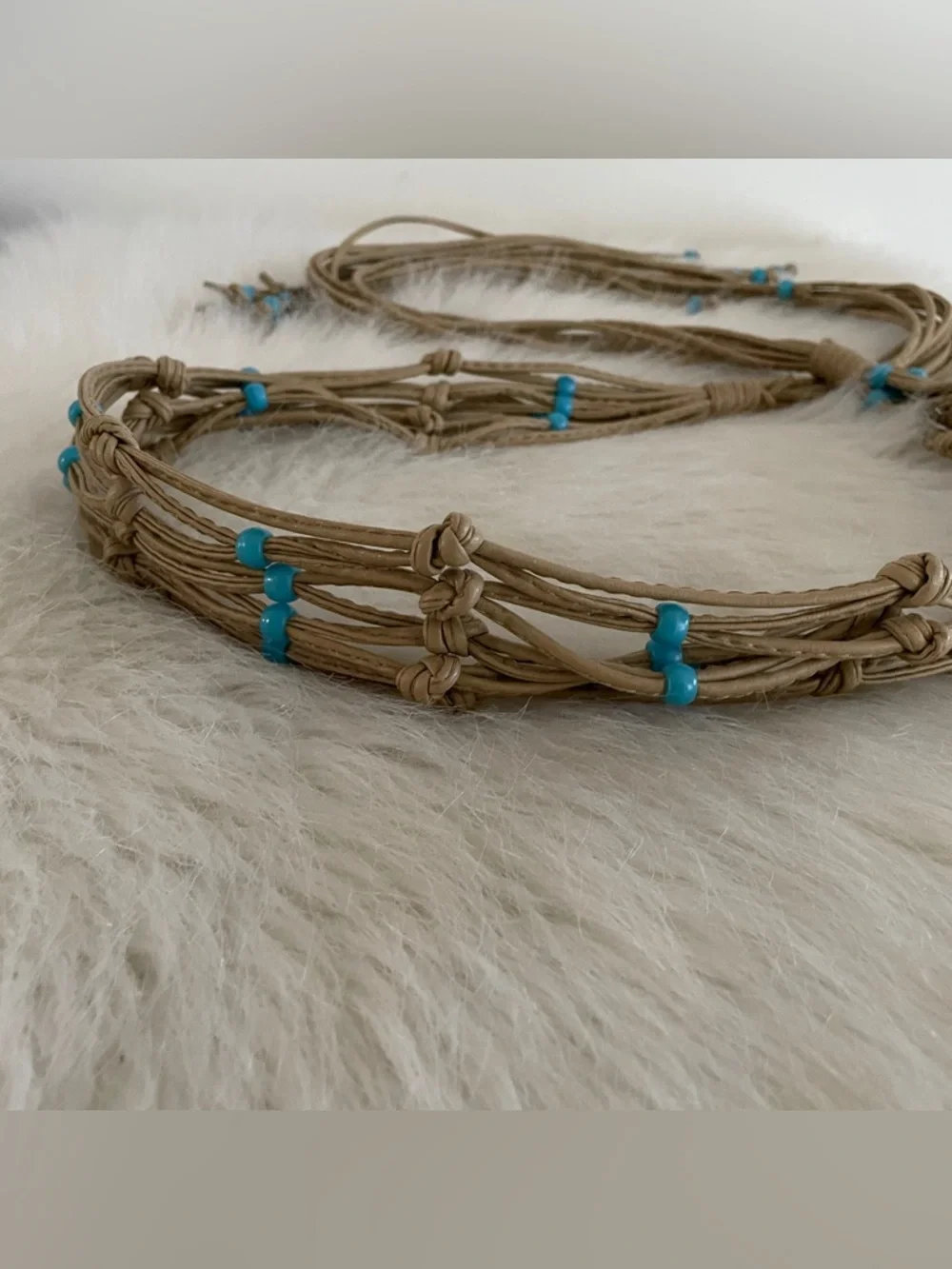 Vintage leather tie belt Handmade Natural Rope Waist Belt wTurquoise color Beads